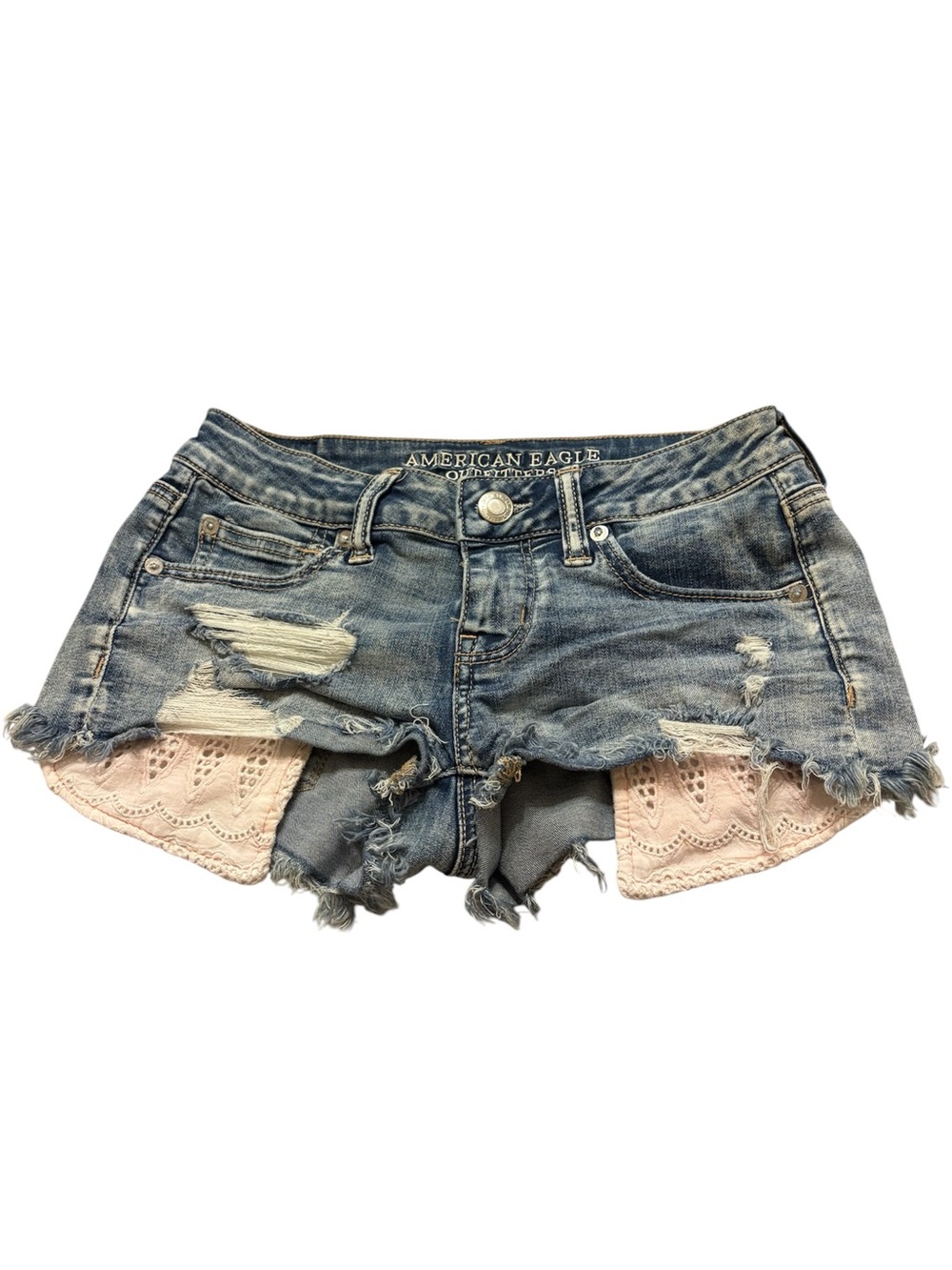 American Eagle Outfitters Distressed Blue Denim Shorts with Pink Lace